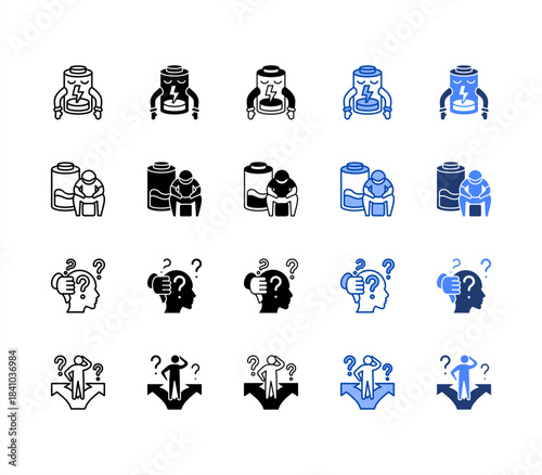 Low energy, Diminish, Demotivated, Confuse multiple style icon set.