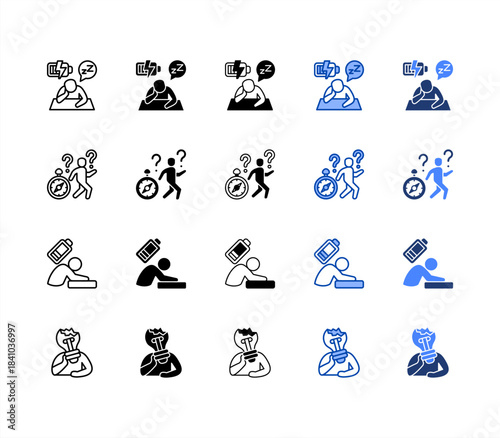 Weariness, Aimless, Lethargy, Uninspired multiple style icon set.