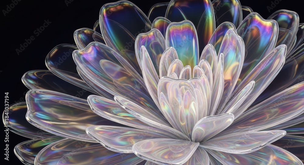 Fototapeta premium Abstract iridescent crystal flower on black background