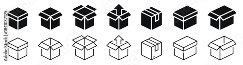 box, package, shipping, delivery, open, closed, unboxing, cardboard, container, storage, logistics, icon, set, collection, outline, black, graphic, design, symbol, vector, isometric, illustration, (17