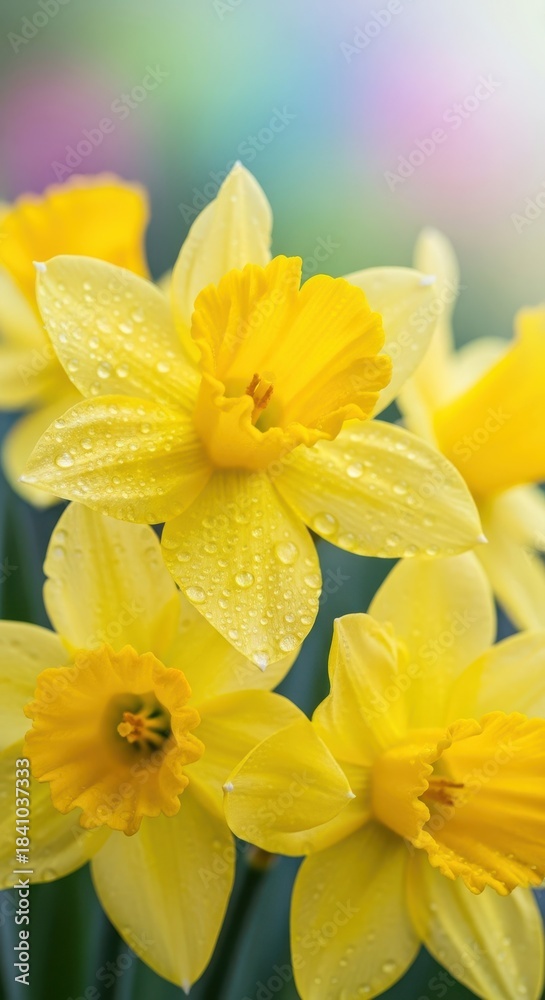 Fototapeta premium Close-up yellow daffodils with water droplets after rain