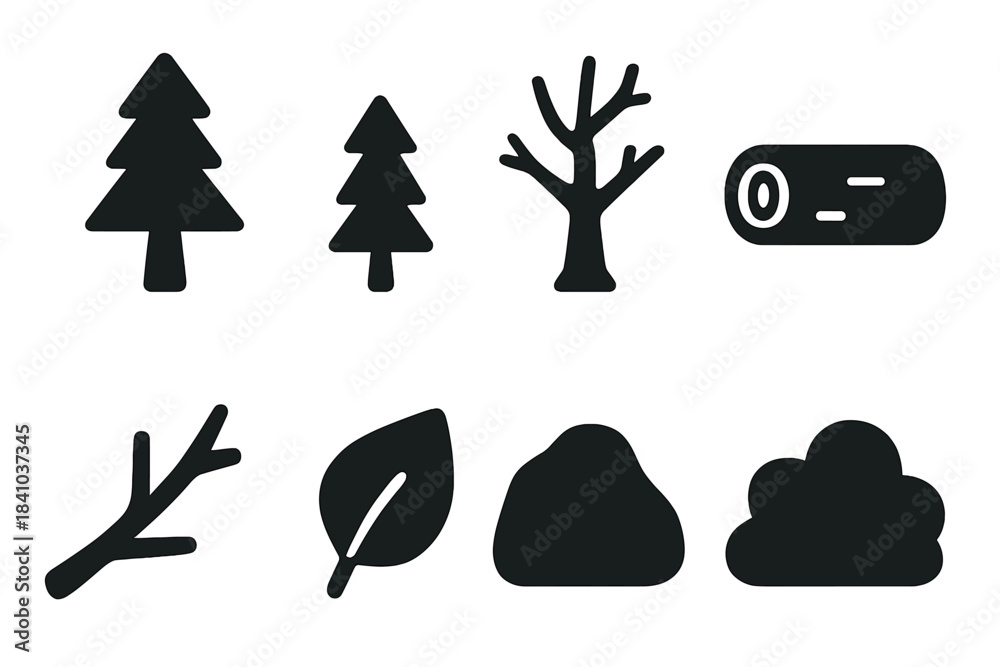 Obraz premium Forest Elements Icon Set. Forest Elements. Filled icon set of Forest Elements: tall pine tree, small pine tree