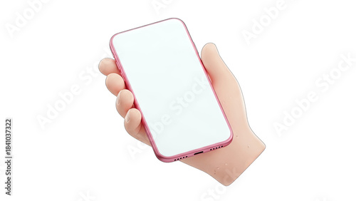 Cartoon Hand Holding Pink Smartphone on White Background