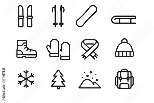 Snow Adventure Icons. Snow adventure icons. Line outline icon set of Snow adventure icons: skis, poles,