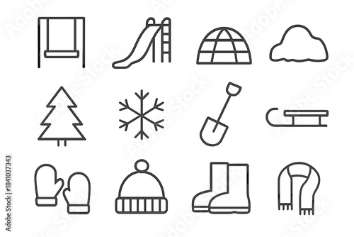 Snowy Playground Icons. Snowy playground elements. Line outline icon set of Snowy playground elements: swing