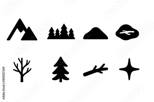 Winter Icon Set. Winter Landscape Elements. Filled icon set of Winter Landscape Elements: mountain peak,