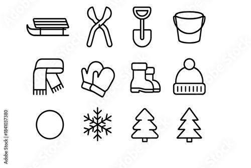 Winter Toy Icons. Winter outdoor toys. Line outline icon set of Winter outdoor toys: sled, snowball maker,