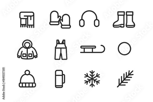 Winter Fun Icons. Kids winter fun accessories. Line outline icon set of Kids winter fun accessories: scarf,