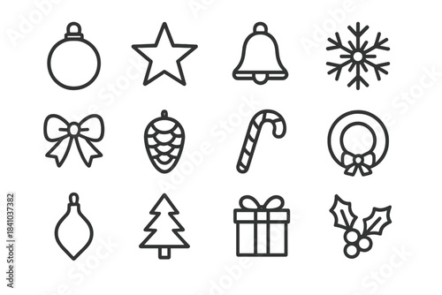 Christmas Ornament Icons. Christmas ornaments flat lay. Line outline icon set of Christmas ornaments flat lay:
