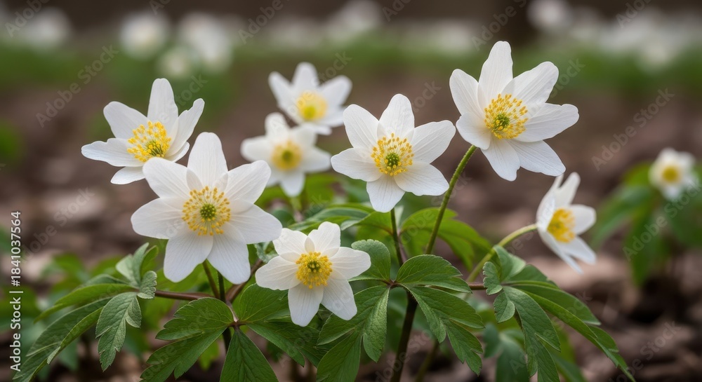 Fototapeta premium Delicate White Wood Anemones Bloom in Spring Forest