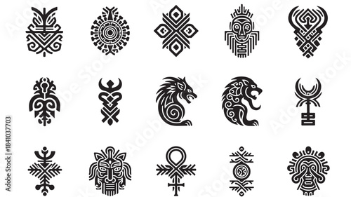 Set of intricate tribal and ethnic symbols featuring ornamental designs and mythical creatures ideal for cultural branding and graphic design projects