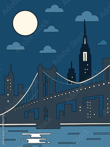 Illustration of a nightlight view of a city with a bridge and the moon. This digital artwork called is Nightlight.