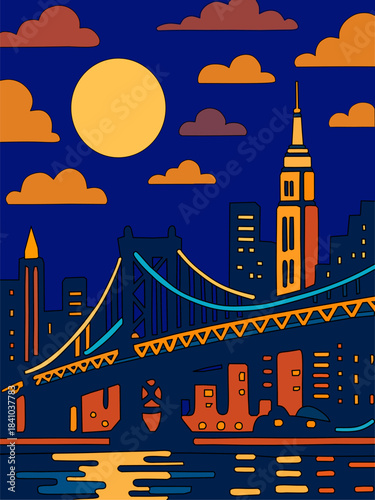 Illustration of a nightlight view of a city with a bridge and the moon. This digital artwork is called Moonbridge.