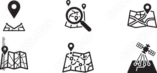 Set of minimalist vector map and navigation icons featuring location pins routes and GPS elements suitable for web mobile apps and digital interfaces