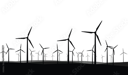 a striking black and white silhouette depicts a field of numerous wind turbines against a bright expansive sky showcasing sustainable energy and modern technology