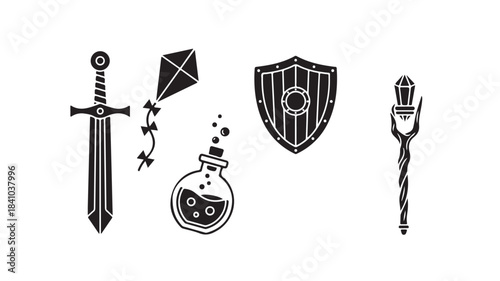 Collection of fantasy adventure game icons including a sword shield potion kite and magic staff presented as minimalist black vector silhouettes for web and app design