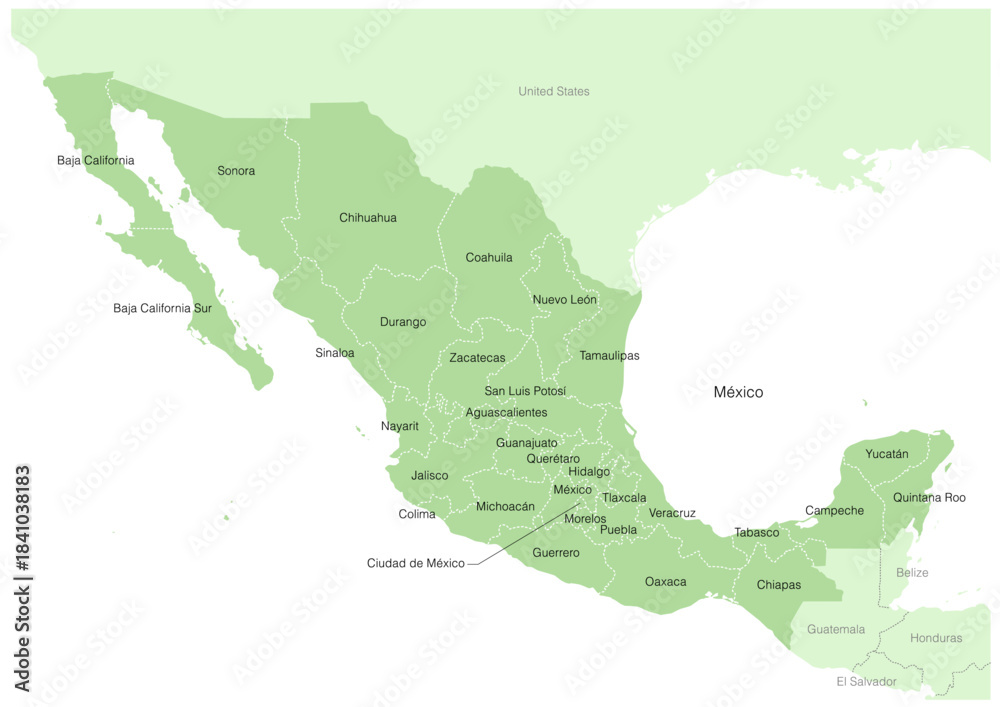 Fototapeta premium 緑色の濃淡で描いた、メキシコの行政区分付きの地図(周辺国の地名付き、スペイン語表記)Map of Mexico with administrative divisions in shades of green (with names of neighboring countries in Spanish)