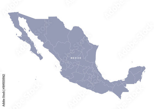 グレー色のメキシコの地図。メキシコの国名と州の行政区分付き地図。世界の地図シリーズより。A gray map of Mexico. A map of Mexico with the names of the country and administrative divisions of its states. From the World Maps series.