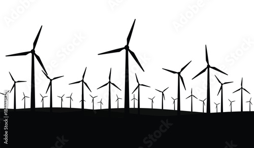 a striking silhouette of multiple wind turbines against a bright white background creates a minimalist scene of renewable energy and sustainable power generation high quality