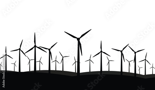 a minimalist black and white illustration depicts a field of silhouetted wind turbines against a bright white background creating a sense of renewable energy