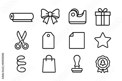 Santa's Wrapping Icons. Santa’s workshop illustration – Wrapping Station. Line outline icon set of Wrapping
