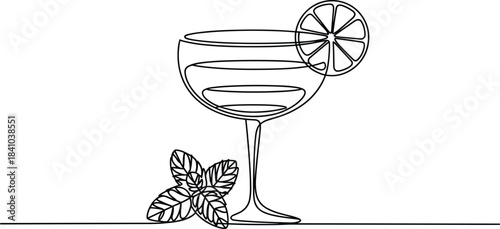 Black and white line of cocktail glass with lemon slice and mint leaves