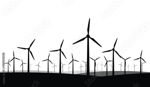 a minimalist illustration depicts a field of silhouetted wind turbines against a gradient background suggesting renewable energy and sustainable power generation in a rural landscape