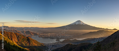 Tranquil sunset panorama of Mount Fuji and Lake Kawaguchi