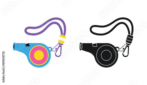 a colorful depiction of a referee whistle with a lanyard shown alongside its monochrome counterpart illustrating design variations and simplicity high quality professional detailed modern