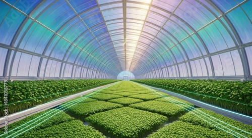 Fototapeta Naklejka Na Ścianę i Meble -  Modern greenhouse farming with lush green microgreens