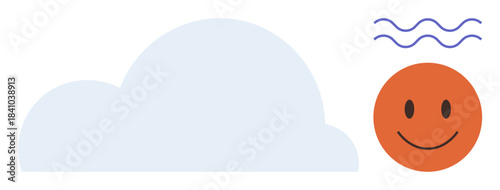 Smiling orange sun surrounded by heat waves next to a light blue cloud. Ideal for weather, climate, environment, seasons, emotions, energy, optimism. Simple flat metaphor