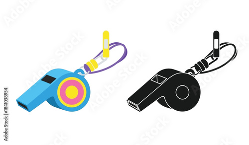 a visual representation featuring two distinct whistles one colorful and isometric and the other a monochrome line drawing both on a white background high quality