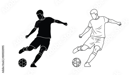 a minimalist depiction of two soccer players in dynamic action with a soccer ball presented as black and white line art illustrations high quality professional