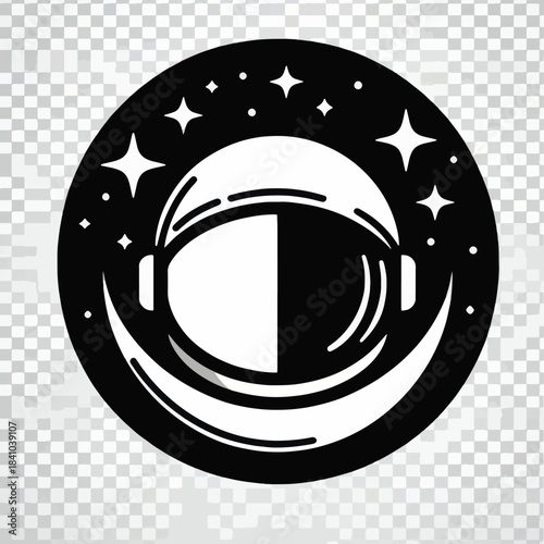 Astronaut Helmet Icon with Stars and Crescent Moon.