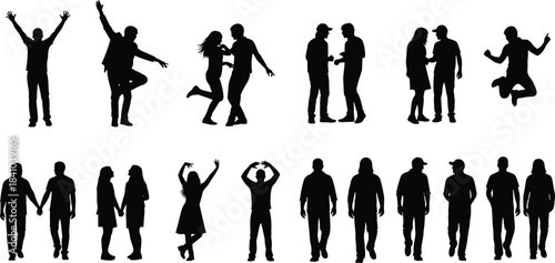 Diverse Group of Young Adults and Couples Silhouettes Set, Vector People Posing, Walking, and Jumping in Various Dynamic Actions, Isolated Black Figures on White Background