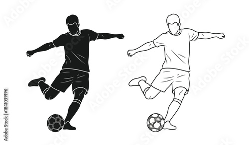 a comparative illustration showcases two dynamic soccer players in action one depicted in solid black silhouette and the other as a white line drawing kicking