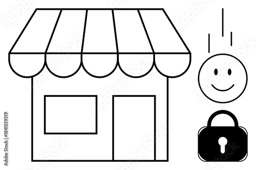 E-commerce security. Storefronts ensuring safety in online shopping with a secured padlock and positive customer satisfaction. E-commerce securing transactions and trust. Relevant for retail