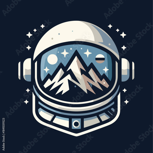 Astronaut helmet with mountain range reflection and starry night sky.