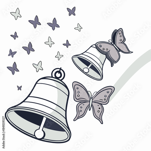 A whimsical illustration featuring delicate butterflies and vintage styled bells