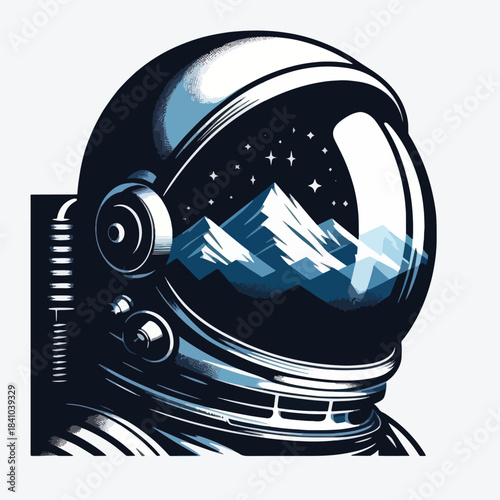 Astronaut helmet with mountain view reflecting space exploration concept.
