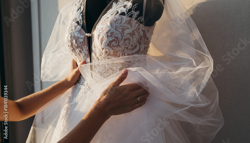 Bridal Fitting Process With Elegant Lace Wedding Gown In Soft Afternoon Light