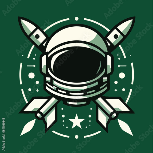 Astronaut Helmet with Rockets Emblem Space Exploration and Adventure.