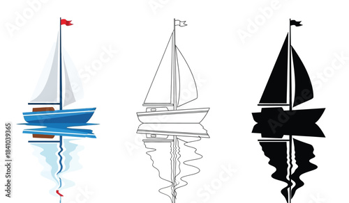 a visual depiction of three sailboats presented in varying styles including color outline and solid black silhouettes showcasing maritime themes and design variations high quality