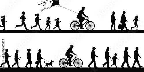 Diverse Poses Including Running, Walking, Cycling, and Dog Walking for Sport, Exercise, Commuting, and Public Lifestyle Vector Illustrations