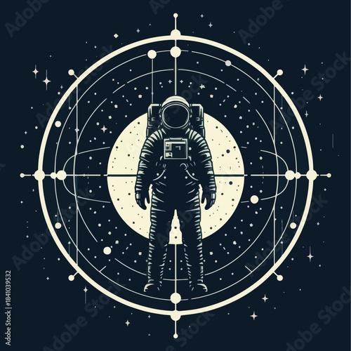 Astronaut in Space Suit Standing in Cosmic Circle.
