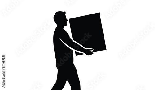a minimalistic silhouette depicts a person carrying a large square cardboard box suggesting moving or delivery services against a stark white background high quality professional