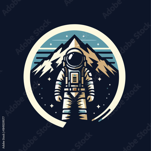 Astronaut in Space Suit with Mountain Backdrop in Circular Design.