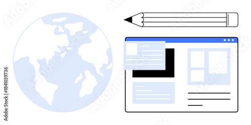Web design, global communication, online content, digital media, writing tools, and user interface. ion of Earth, browser window and pencil. Web design and global communication theme
