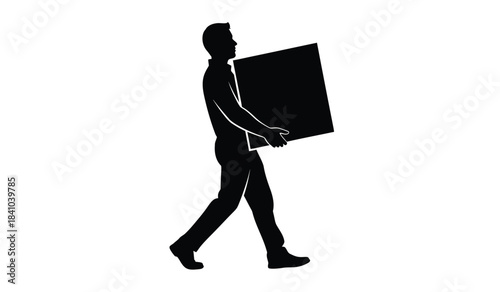 a silhouette of a man walking while carrying a large rectangular cardboard box suggesting moving or delivery services in a simple style high quality professional