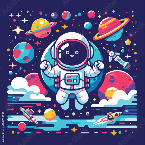 Cute cartoon astronaut floating in outer space with planets and stars.
